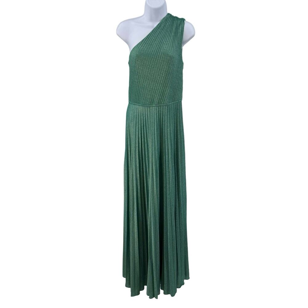 Boston Proper Green Shimmer One Shoulder Maxi Formal Dress Womens Size 6 Pleated